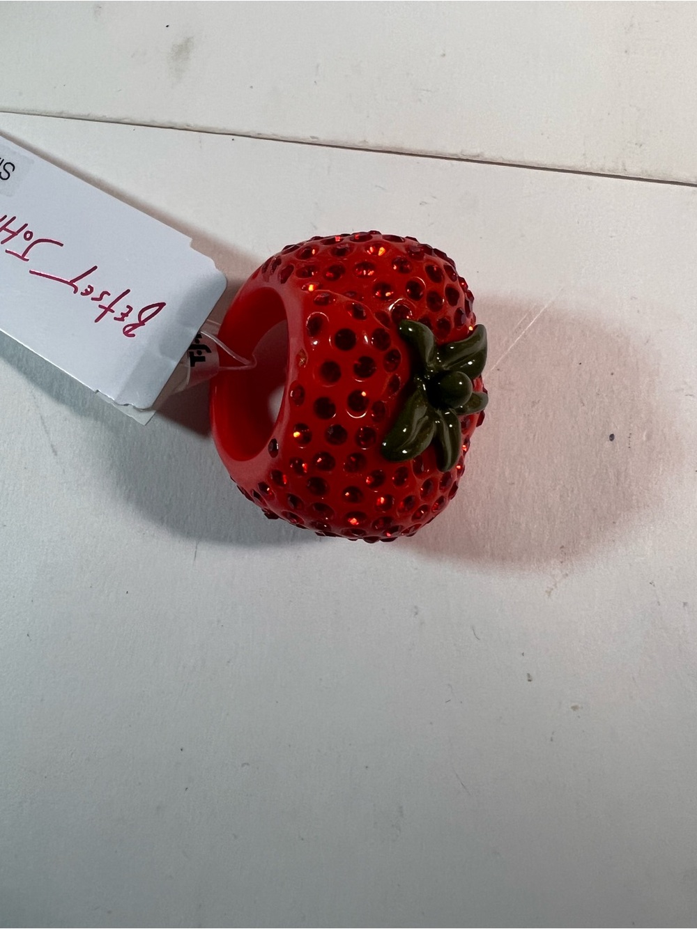 Betsey Johnson Red Strawberry Cocktail Ring with Green Leaf - Picture 9 of 10
